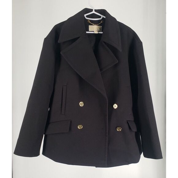 MICHAEL KORS MK Stretch Twill Peacoat Size Medium Black w/‎ Gold Accent